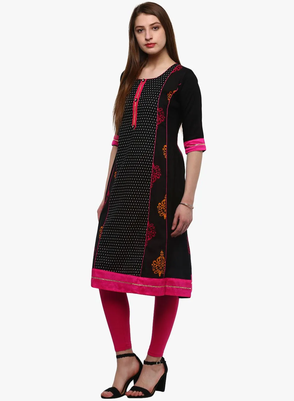 Jashvi Black Printed A-Line Rayon And Cotton Kurta