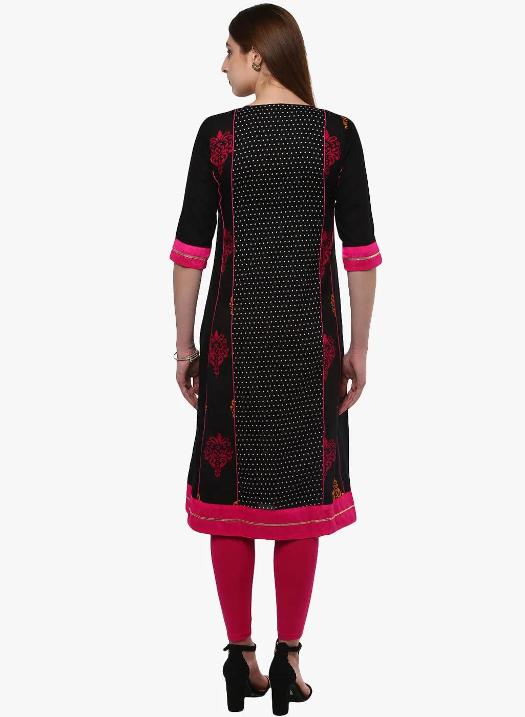 Jashvi Black Printed A-Line Rayon And Cotton Kurta