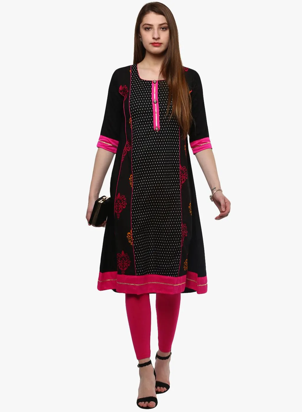 Jashvi Black Printed A-Line Rayon And Cotton Kurta