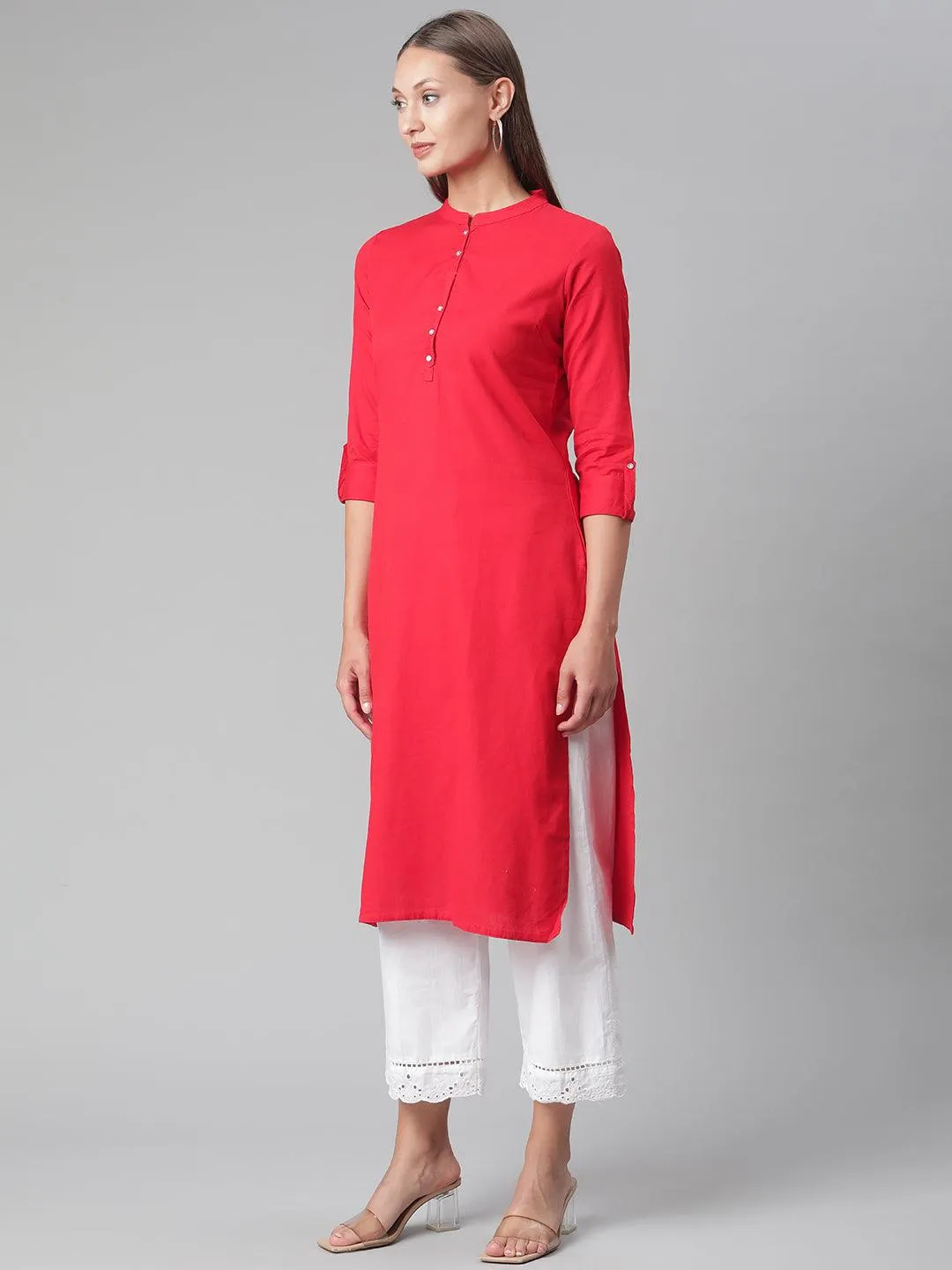 Jashvi Red Cotton Straight Kurti