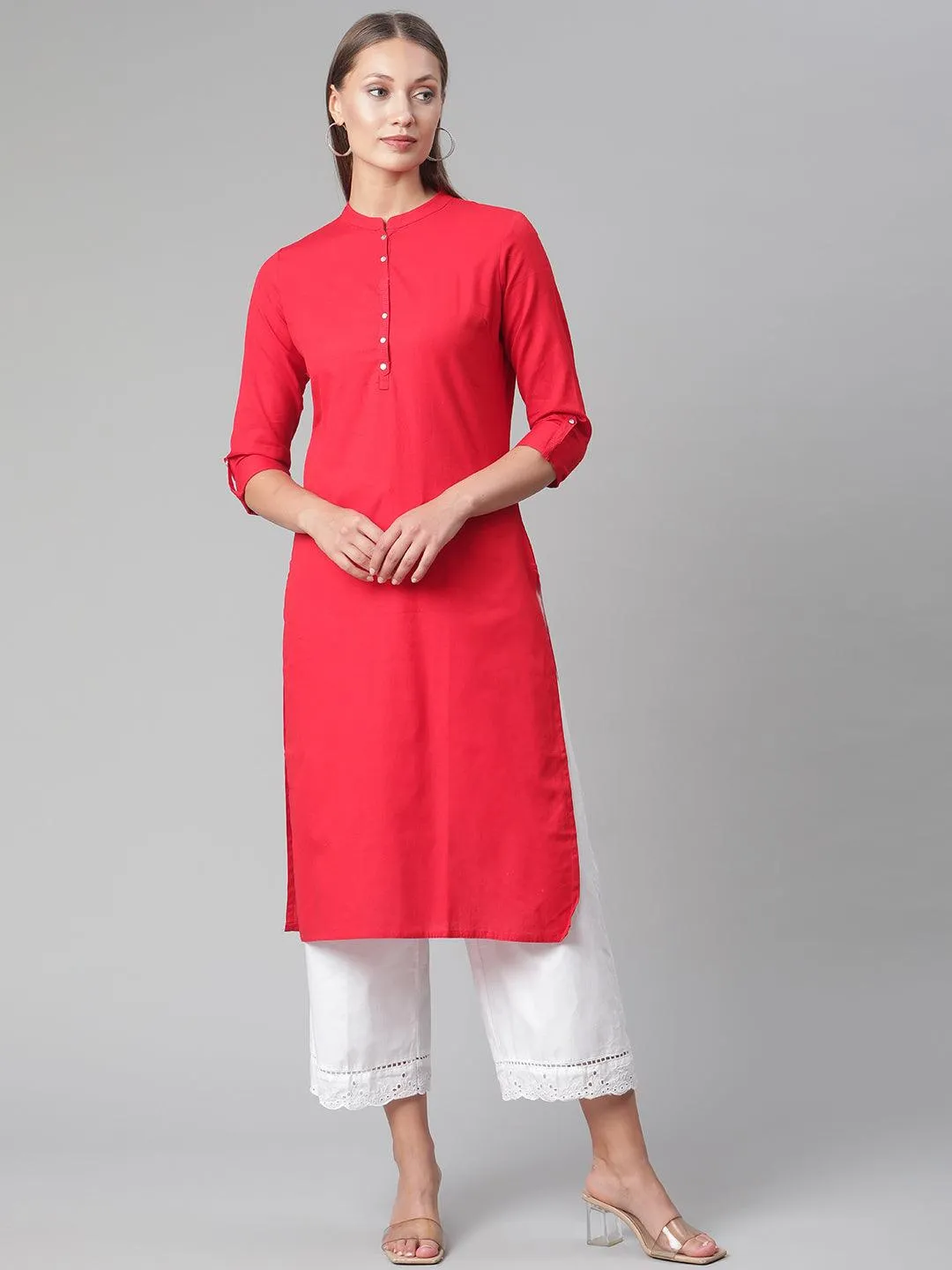 Jashvi Red Cotton Straight Kurti