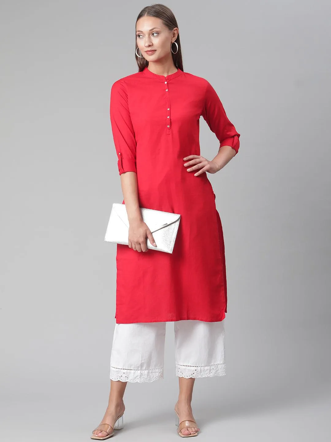 Jashvi Red Cotton Straight Kurti