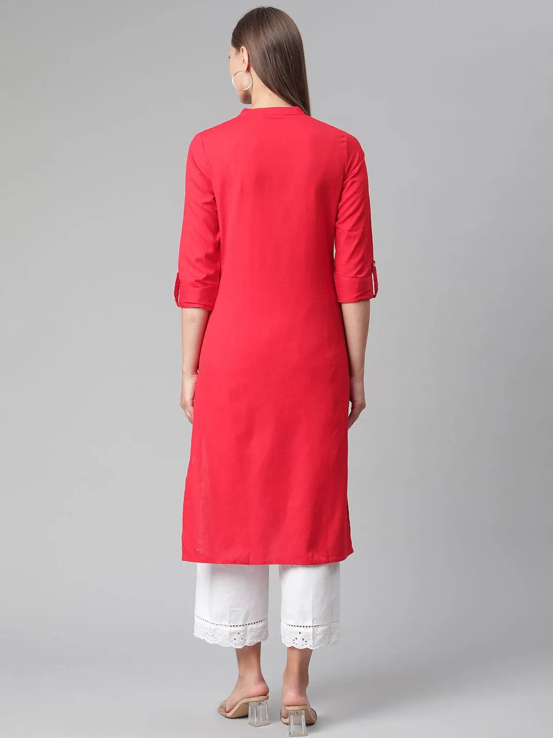 Jashvi Red Cotton Straight Kurti