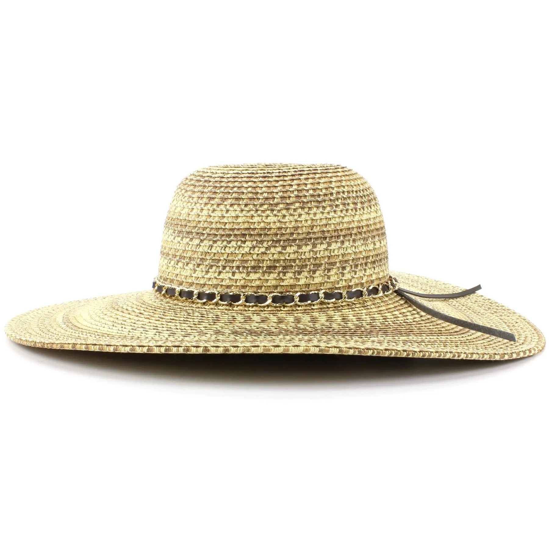 Ladies Straw Wide Brim Floppy Hat - Brown