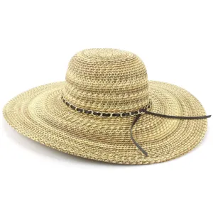 Ladies Straw Wide Brim Floppy Hat - Brown