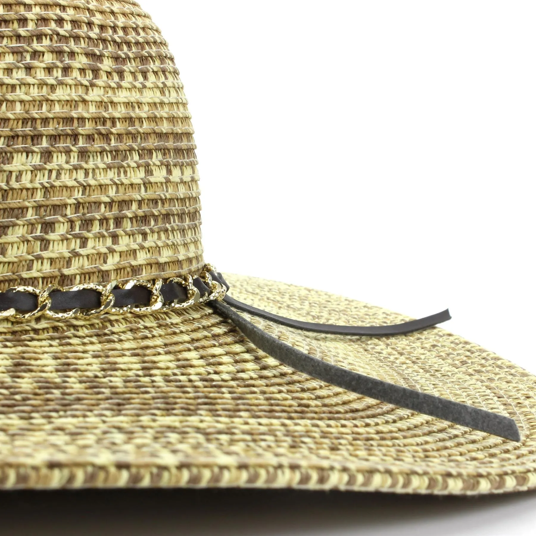 Ladies Straw Wide Brim Floppy Hat - Brown