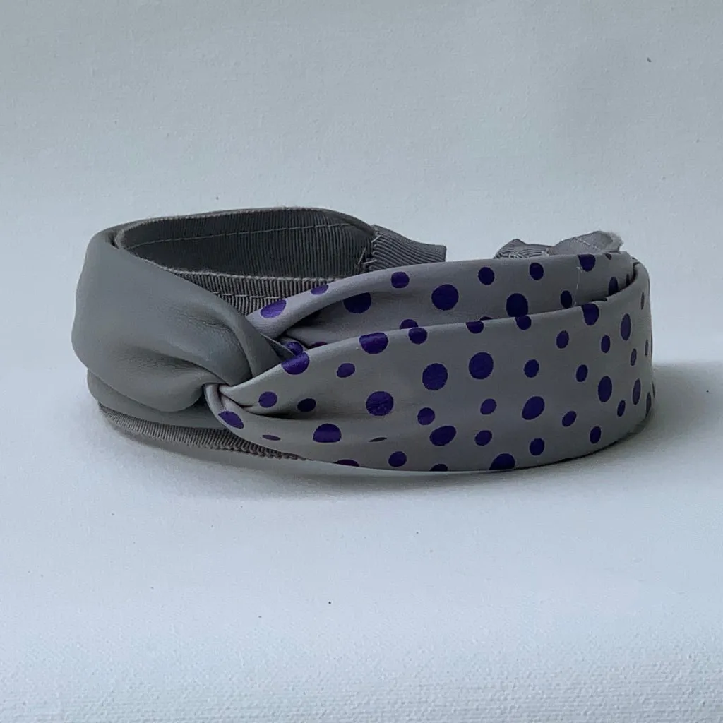 Lana Color Blocked Headband in Grey and Purple Polka Dot Leather