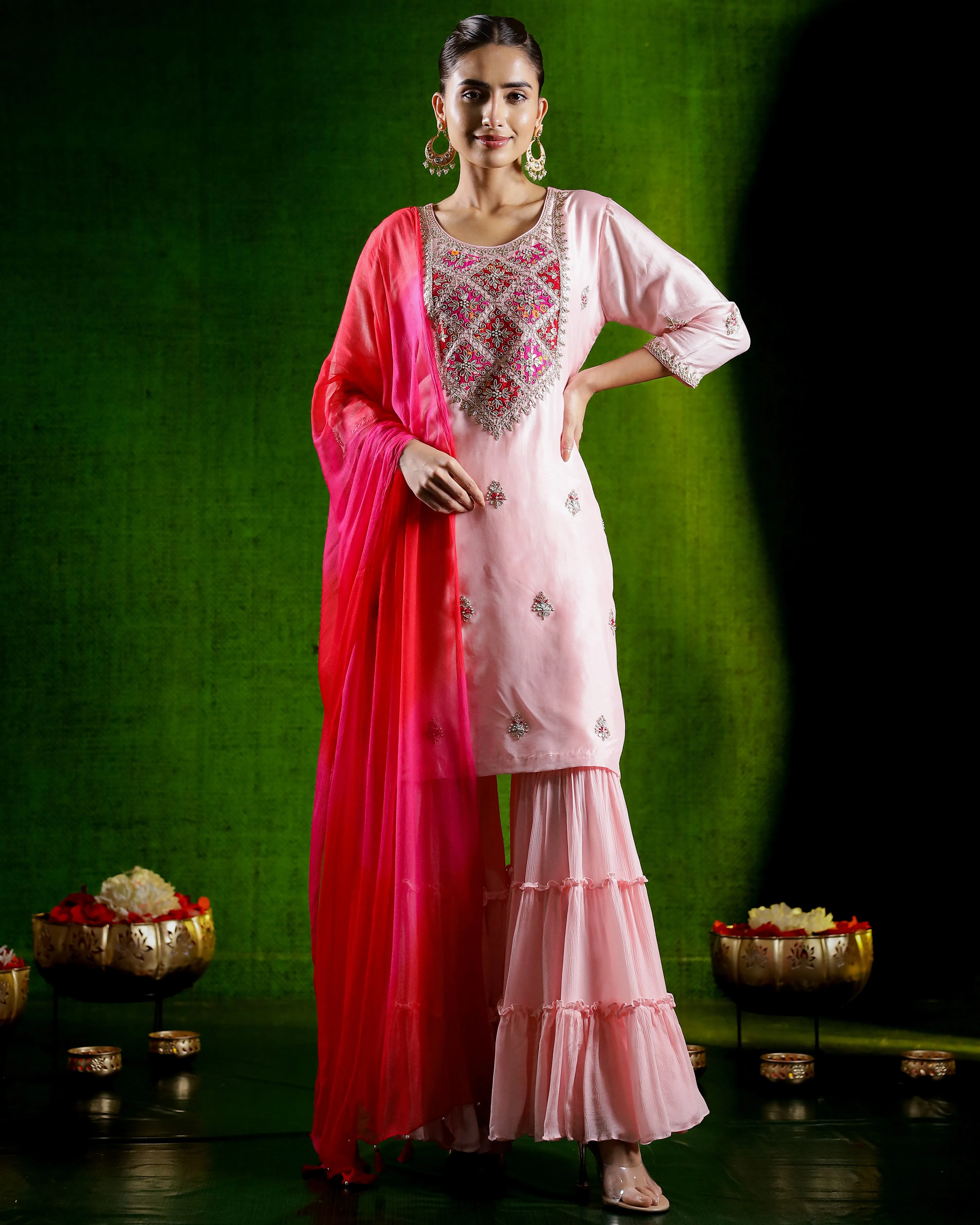 Light Pink Embellished Tissue Silk Sharara Set