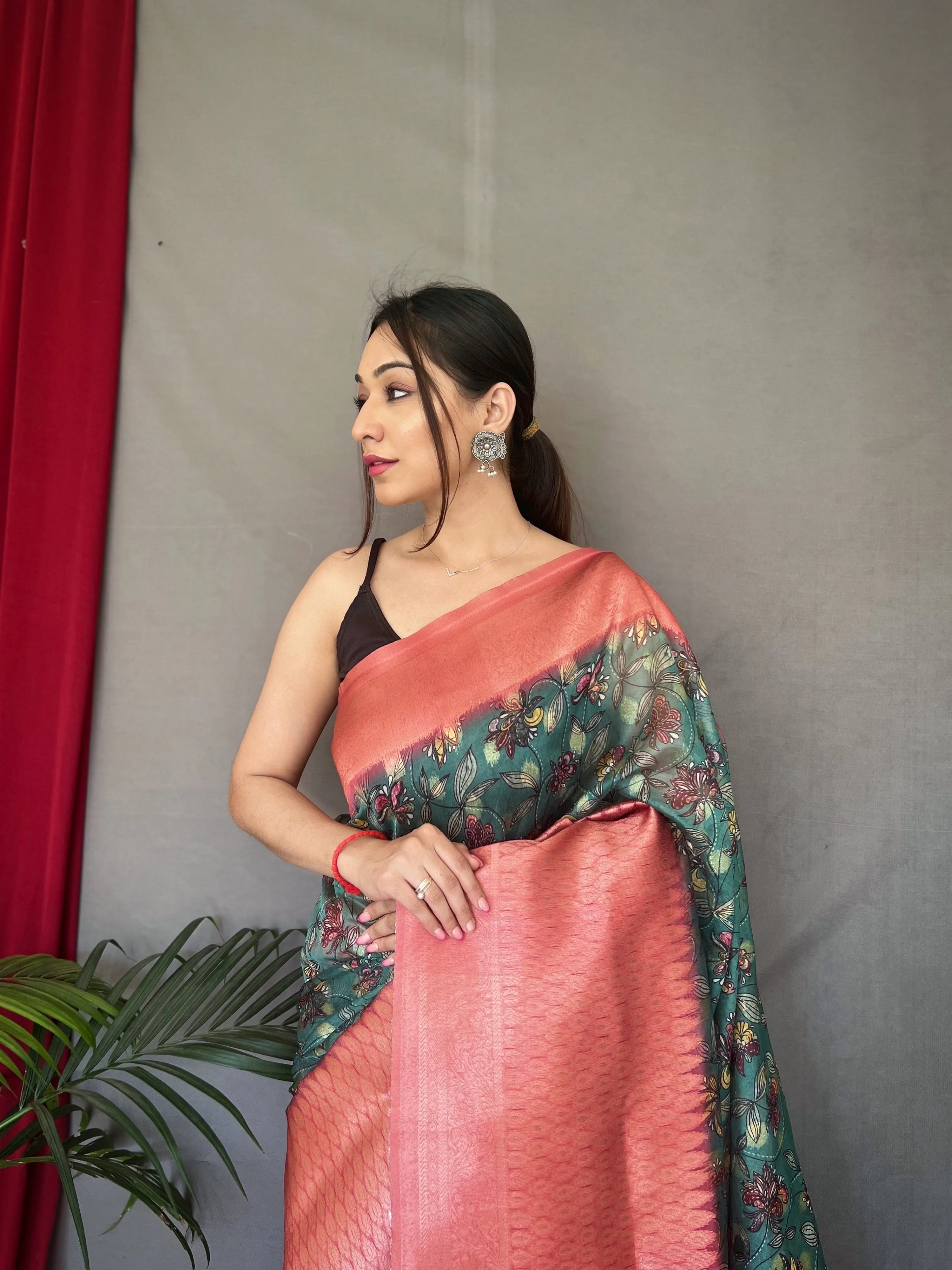 Marble Blue Pink Saree in Kora Muslin Kalamkari Silk