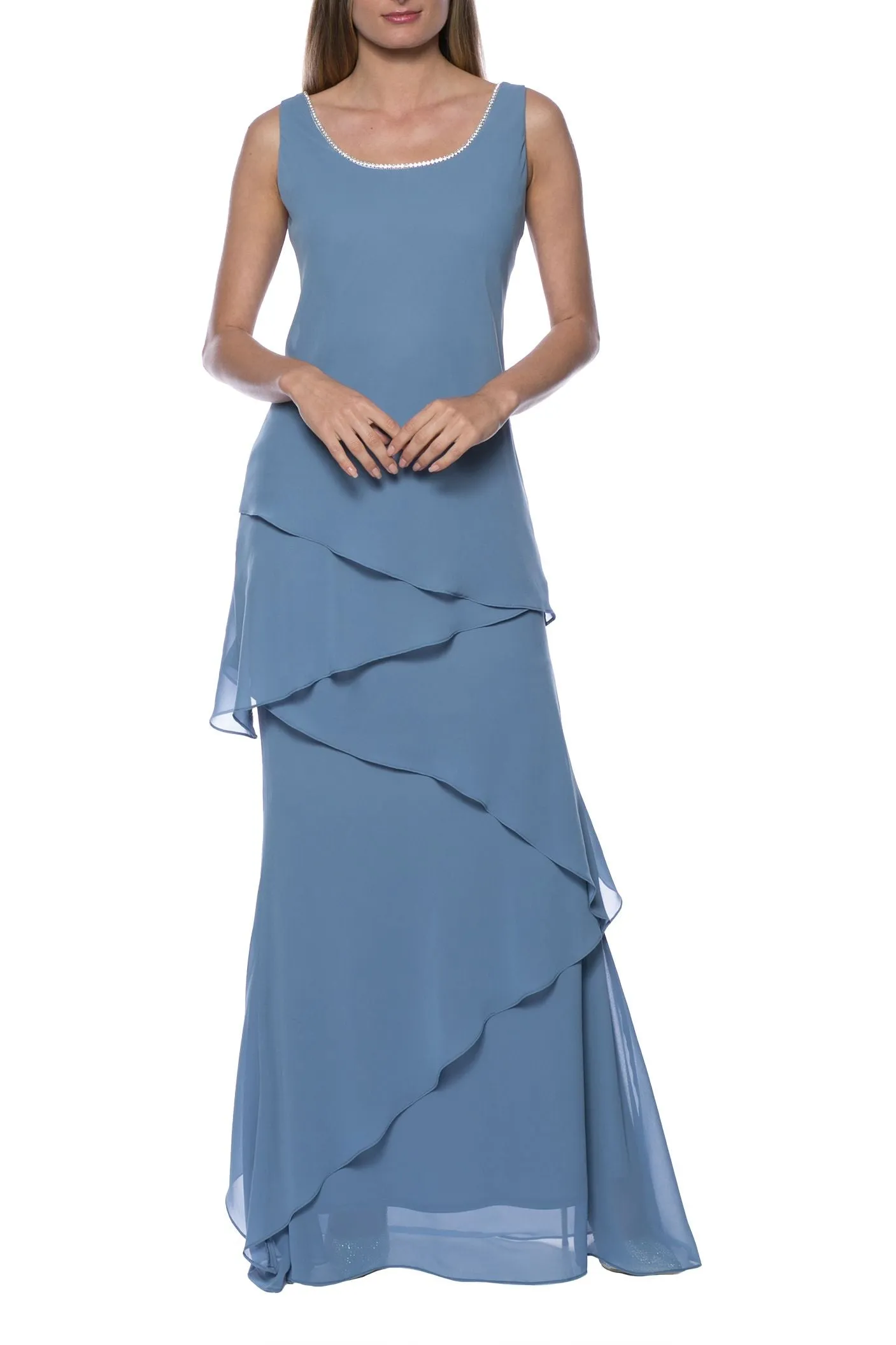 Marina Embellished Scoop Neck Sleeveless Tiered Solid Chiffon Dress With Matching Long Sleeve Jacket