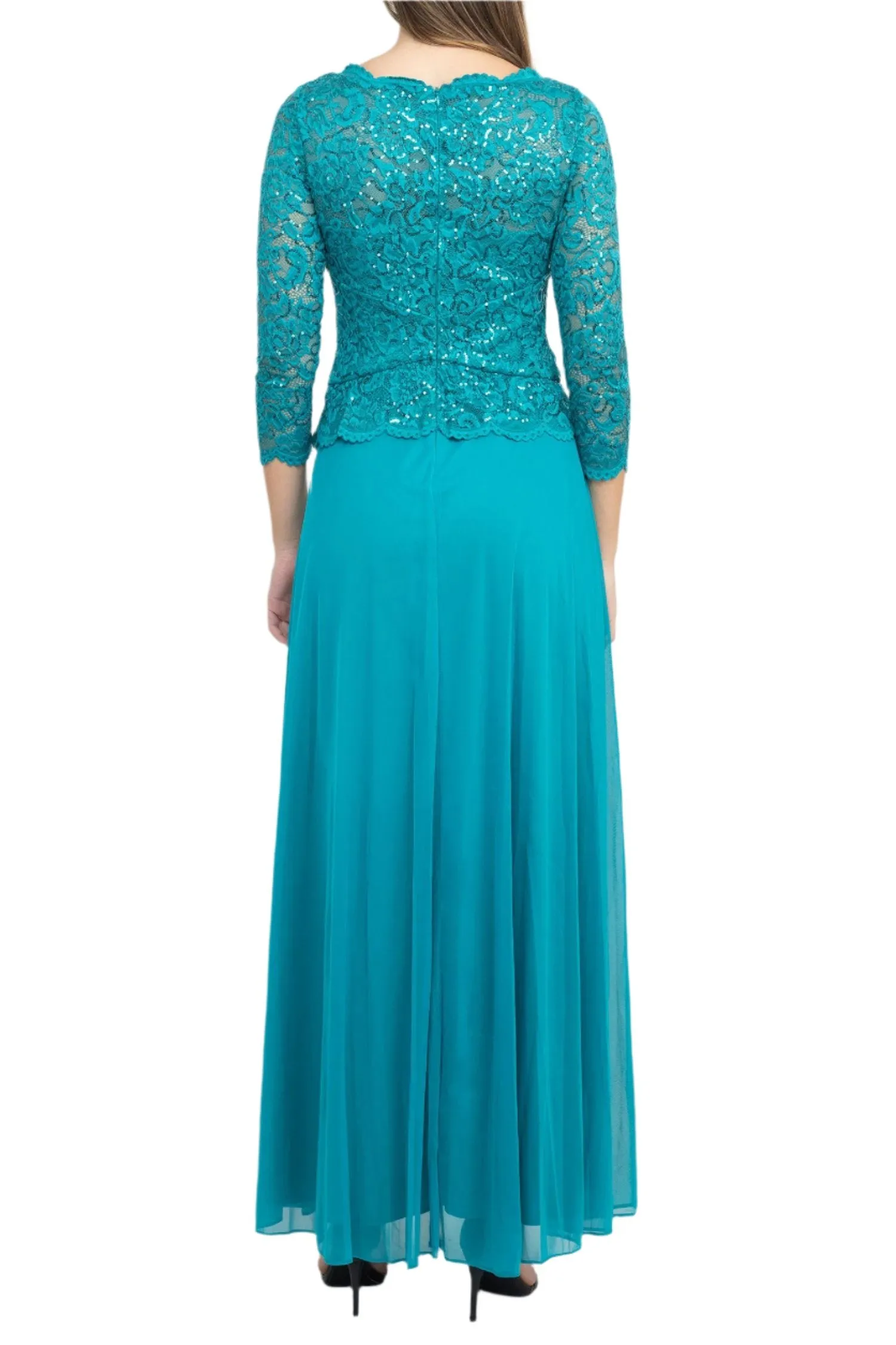 Marina Scalloped Neck 3/4 Sleeve Sequin Lace Bodice Pleated Broach Fit and Flare Chiffon Dress