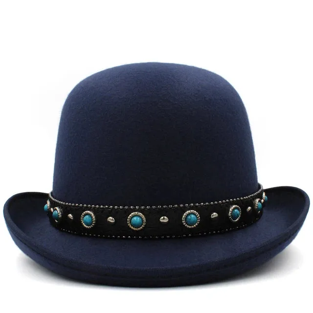 Men Women Wool Blend Oval Top Bowler Hats Woolen Fedora Caps Trilby Classical Derby Sunhat Adjustable UK M-L US 7 1/8-7 3/8