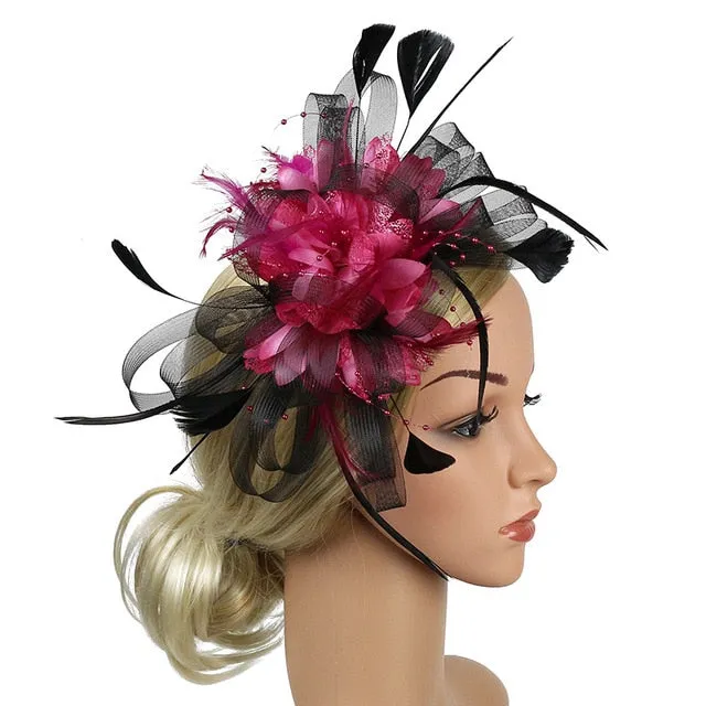 Mesh and Feather Hat White Red Black Pink Wedding  Fascinator Bridal Hair Accessories