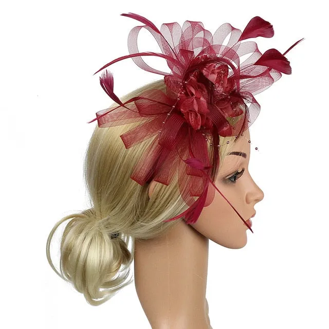 Mesh and Feather Hat White Red Black Pink Wedding  Fascinator Bridal Hair Accessories