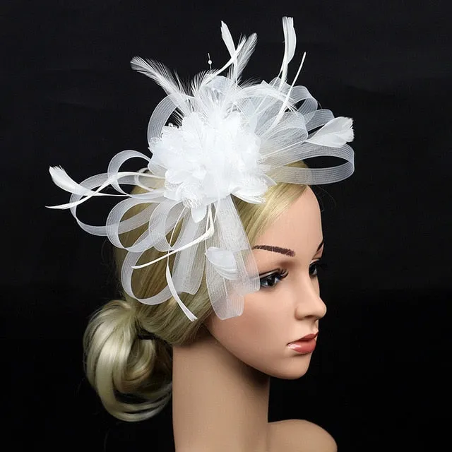 Mesh and Feather Hat White Red Black Pink Wedding  Fascinator Bridal Hair Accessories