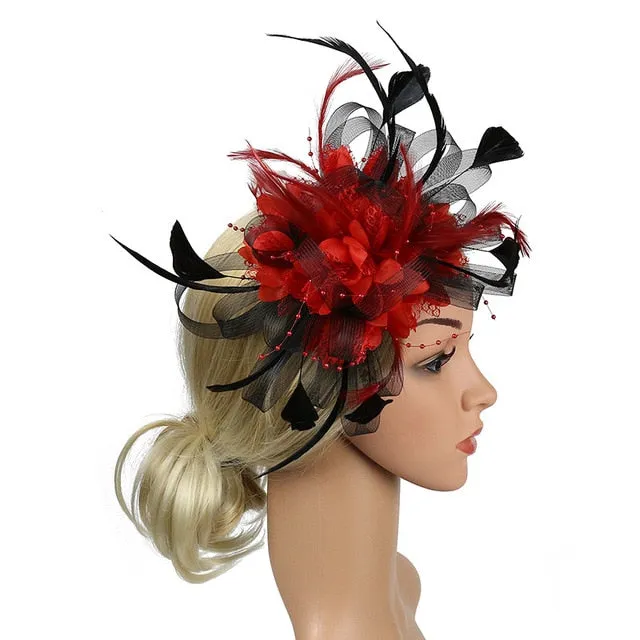 Mesh and Feather Hat White Red Black Pink Wedding  Fascinator Bridal Hair Accessories