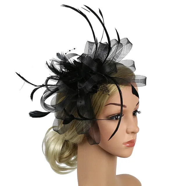 Mesh and Feather Hat White Red Black Pink Wedding  Fascinator Bridal Hair Accessories