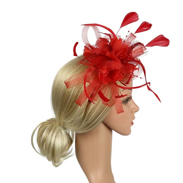 Mesh and Feather Hat White Red Black Pink Wedding  Fascinator Bridal Hair Accessories