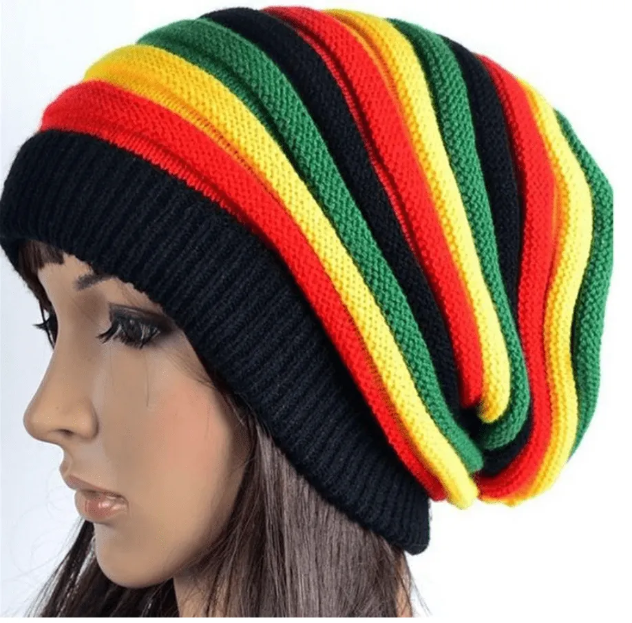 Multi-colour Striped Rasta Slouchy Beanie Hat