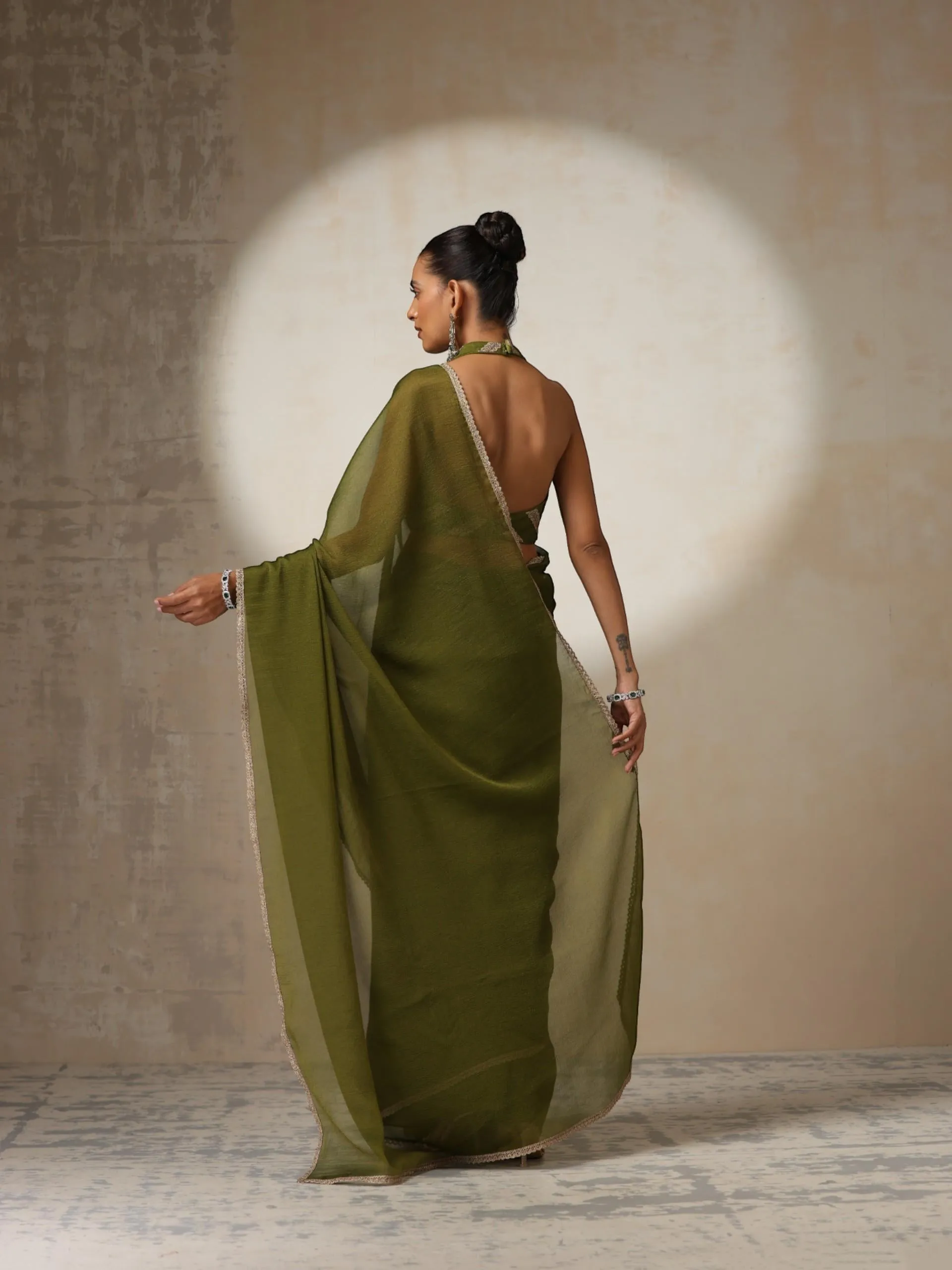 Olive Chiffon Texture Saree with Blouse Fabric and Lace