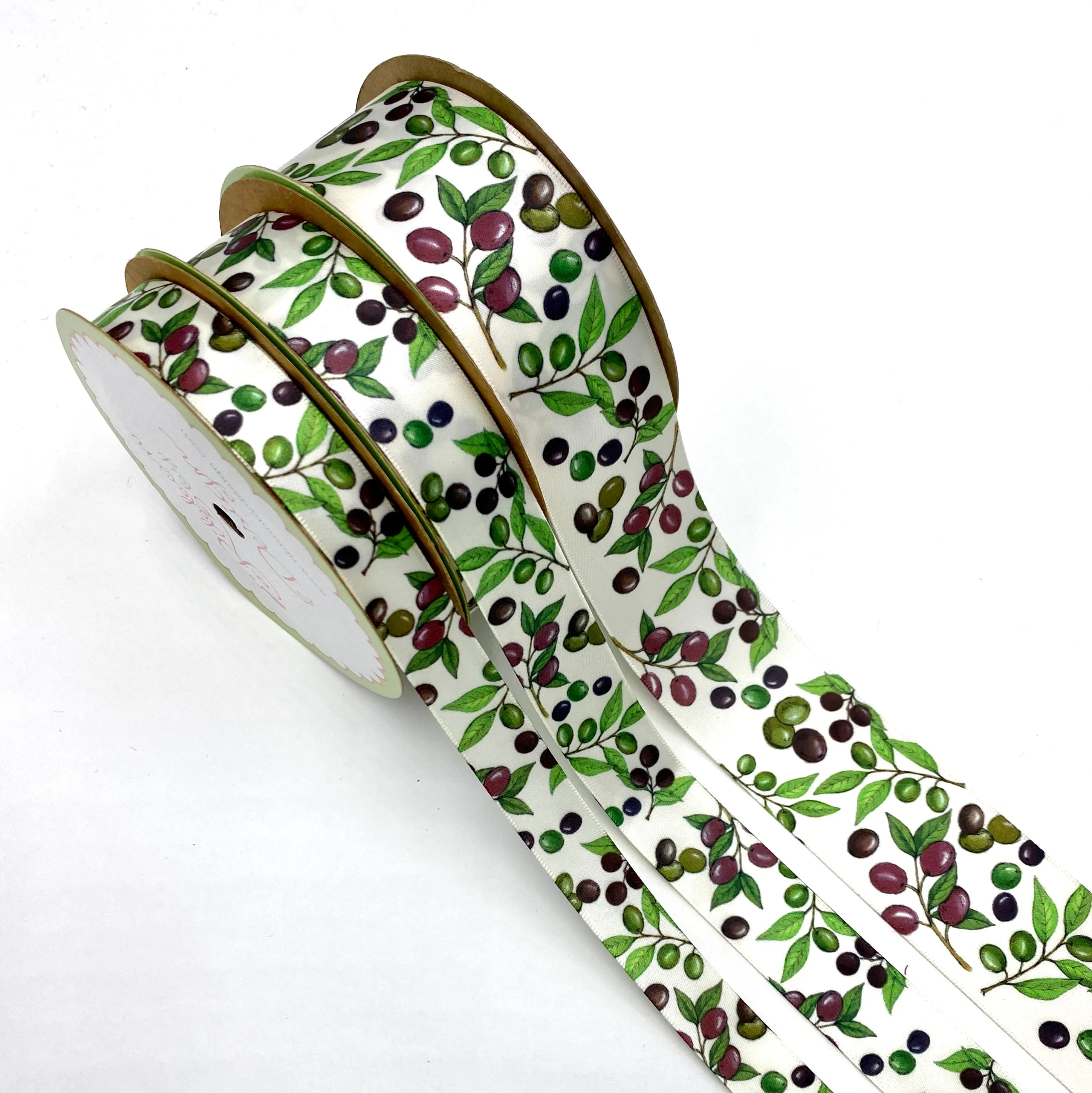 Olives Ribbon in dark purple and green on 5/8", 7/8", and 1.5" Antique White single face satin