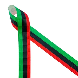 Pan African flag ribbon stripes of black red and green printed on 7/8" white grosgrain