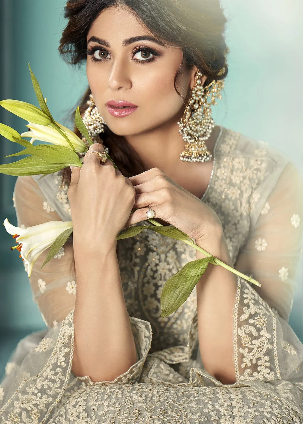 Pastel Grey Shamita Shetty Bell Sleeved Lehenga Style Sharara Suit