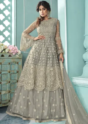 Pastel Grey Shamita Shetty Bell Sleeved Lehenga Style Sharara Suit