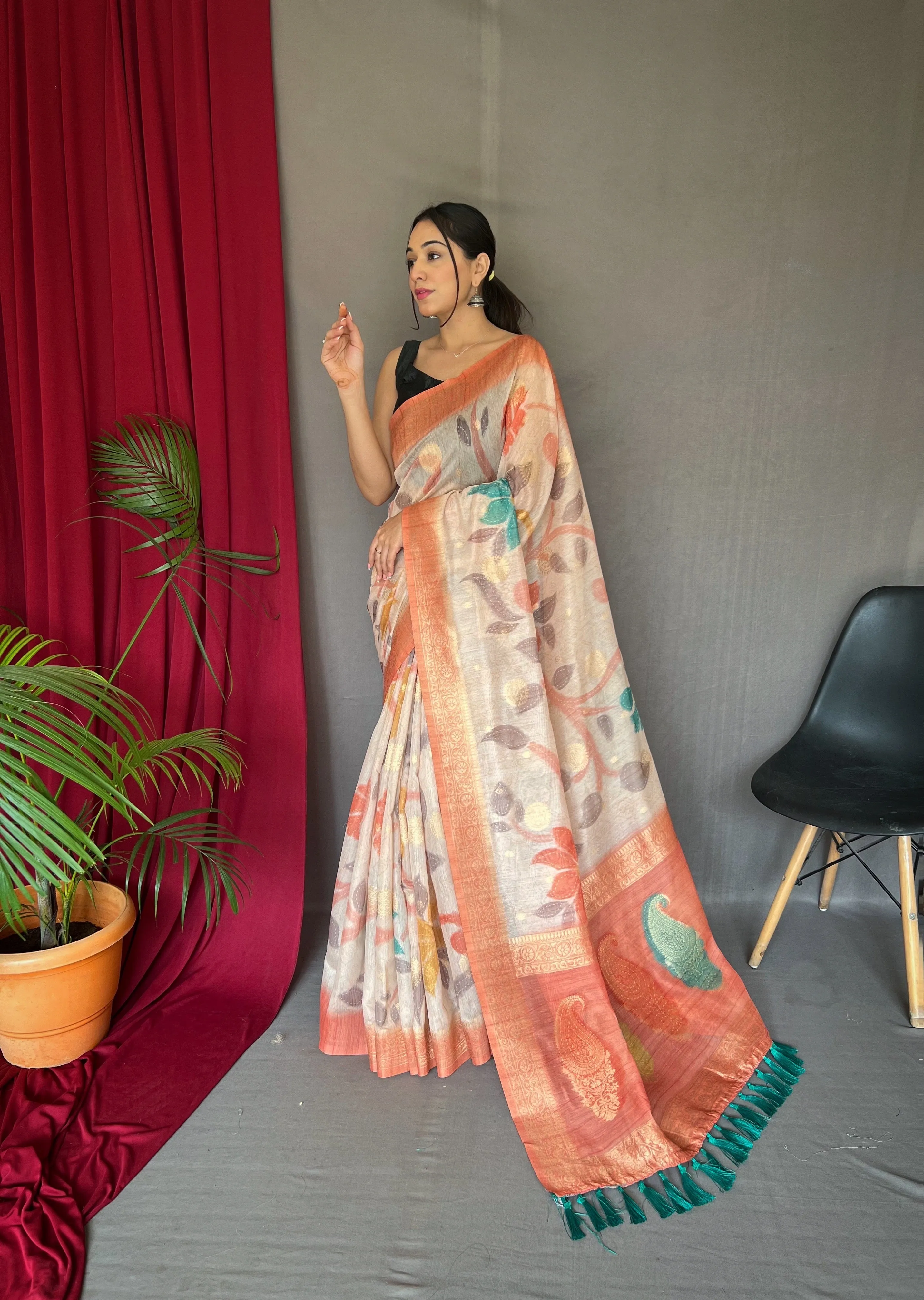 Peach Saree in Pure Chanderi Banarasi Silk