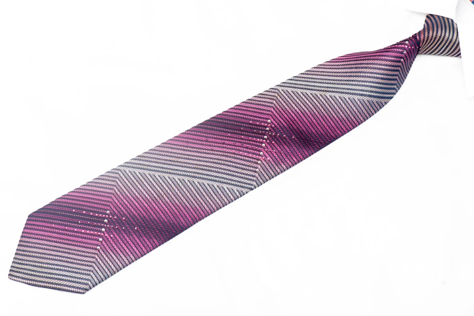 Pink Geometric Striped On Navy Rhinestone Silk Tie With Sparkles