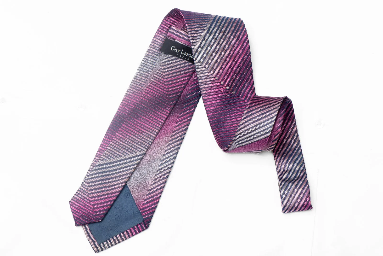 Pink Geometric Striped On Navy Rhinestone Silk Tie With Sparkles