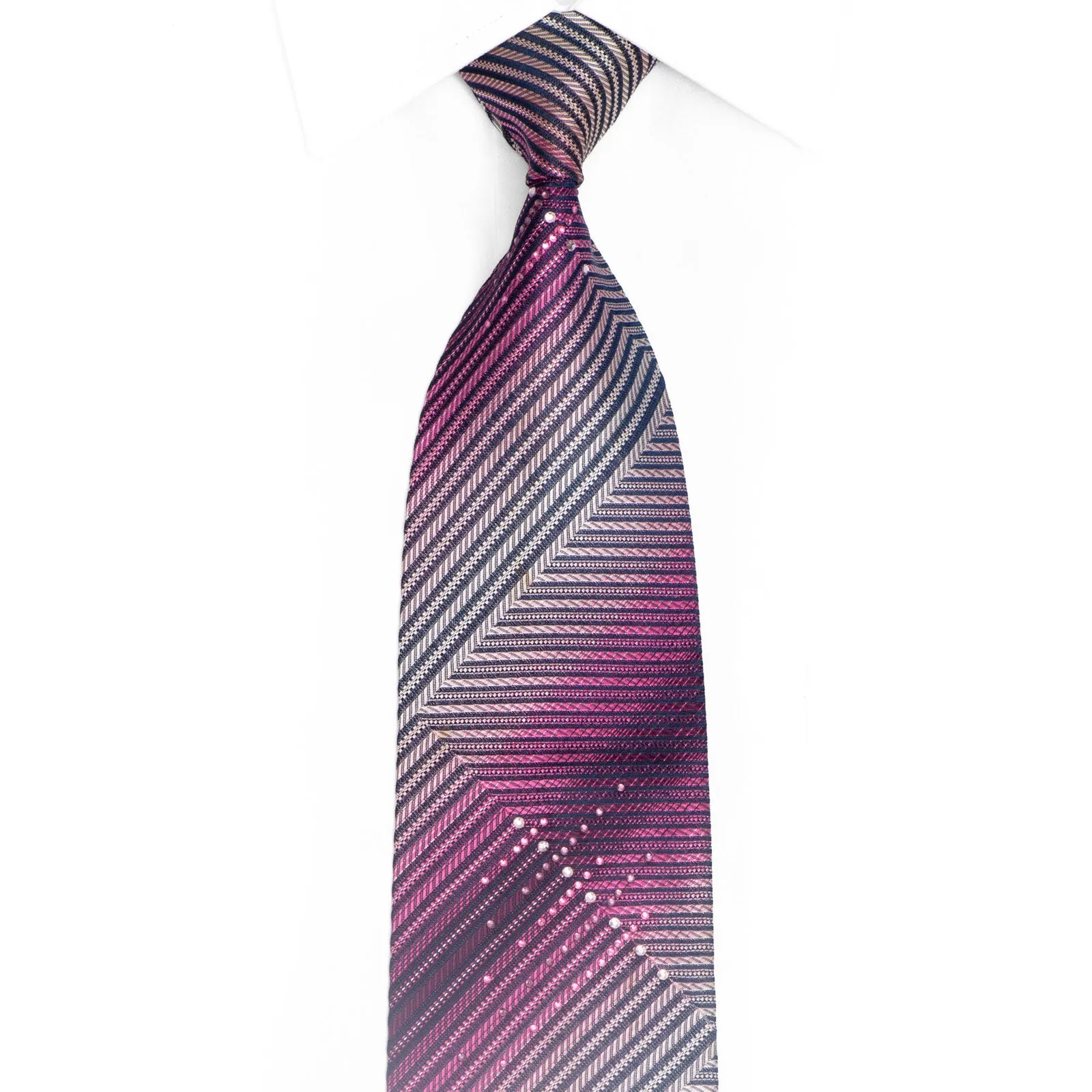 Pink Geometric Striped On Navy Rhinestone Silk Tie With Sparkles