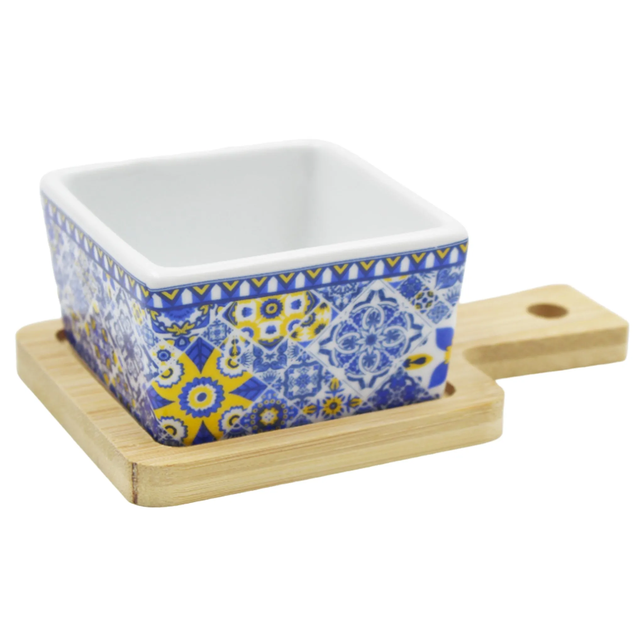 Portuguese Azulejo Style Sauce & Snack Dish with Wooden Serving Tray, Blue & Yellow