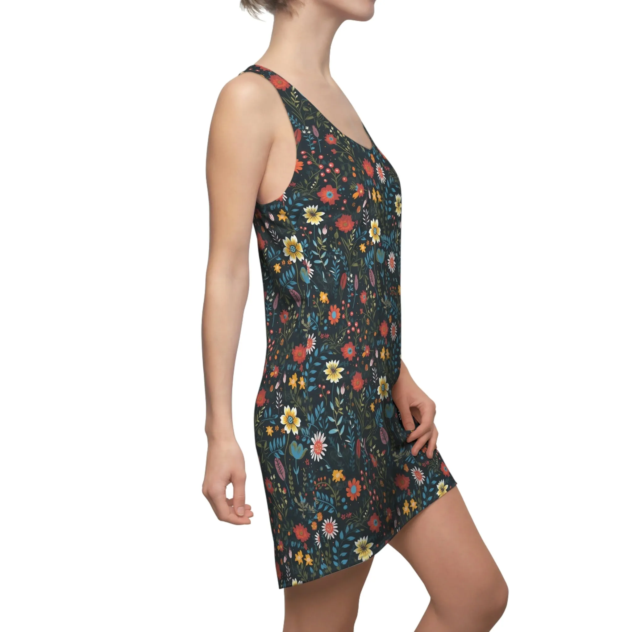 Pressed Wildflowers on Black Background Pattern Floral Women's Racerback Dress