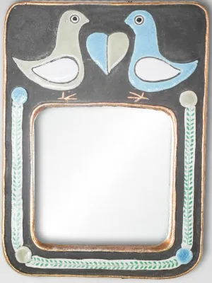 Rectangular mid-century mirror w/ blue & gray lovebirds - Mithe Espelt (1924-2021) - 9¾" x 7½"