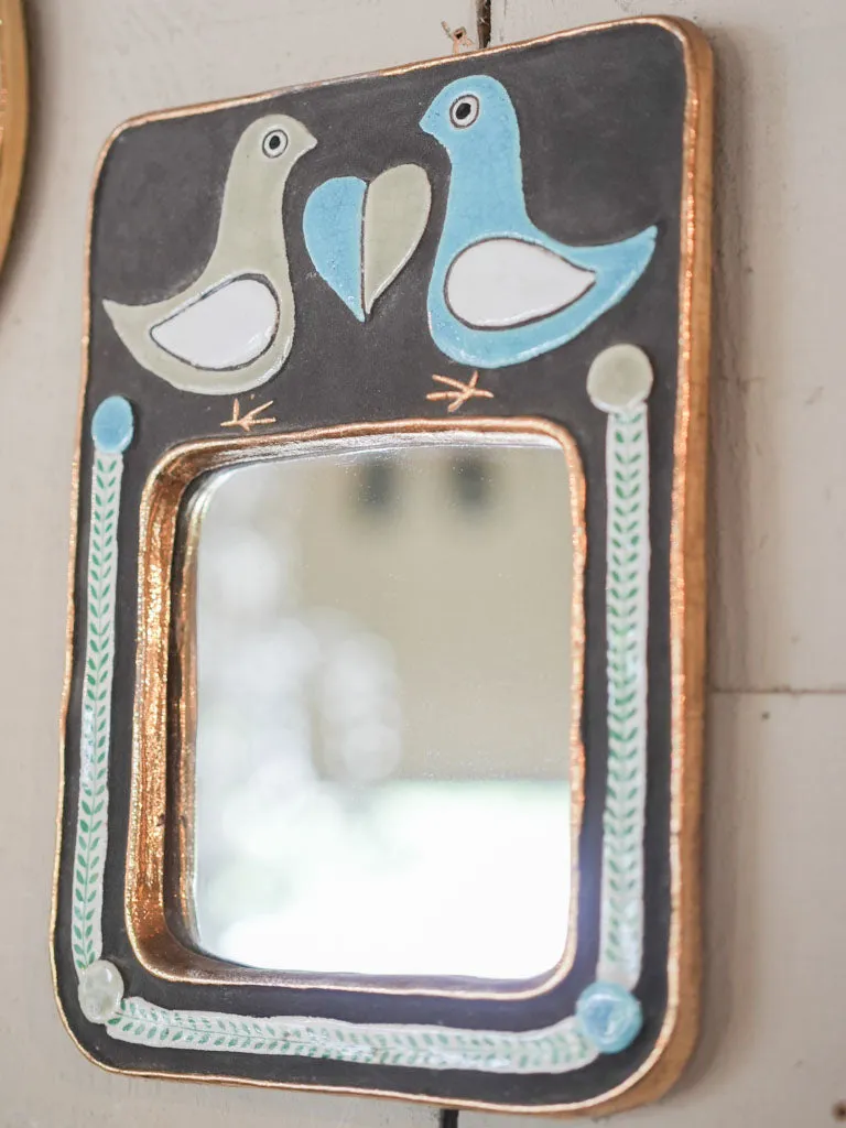 Rectangular mid-century mirror w/ blue & gray lovebirds - Mithe Espelt (1924-2021) - 9¾" x 7½"