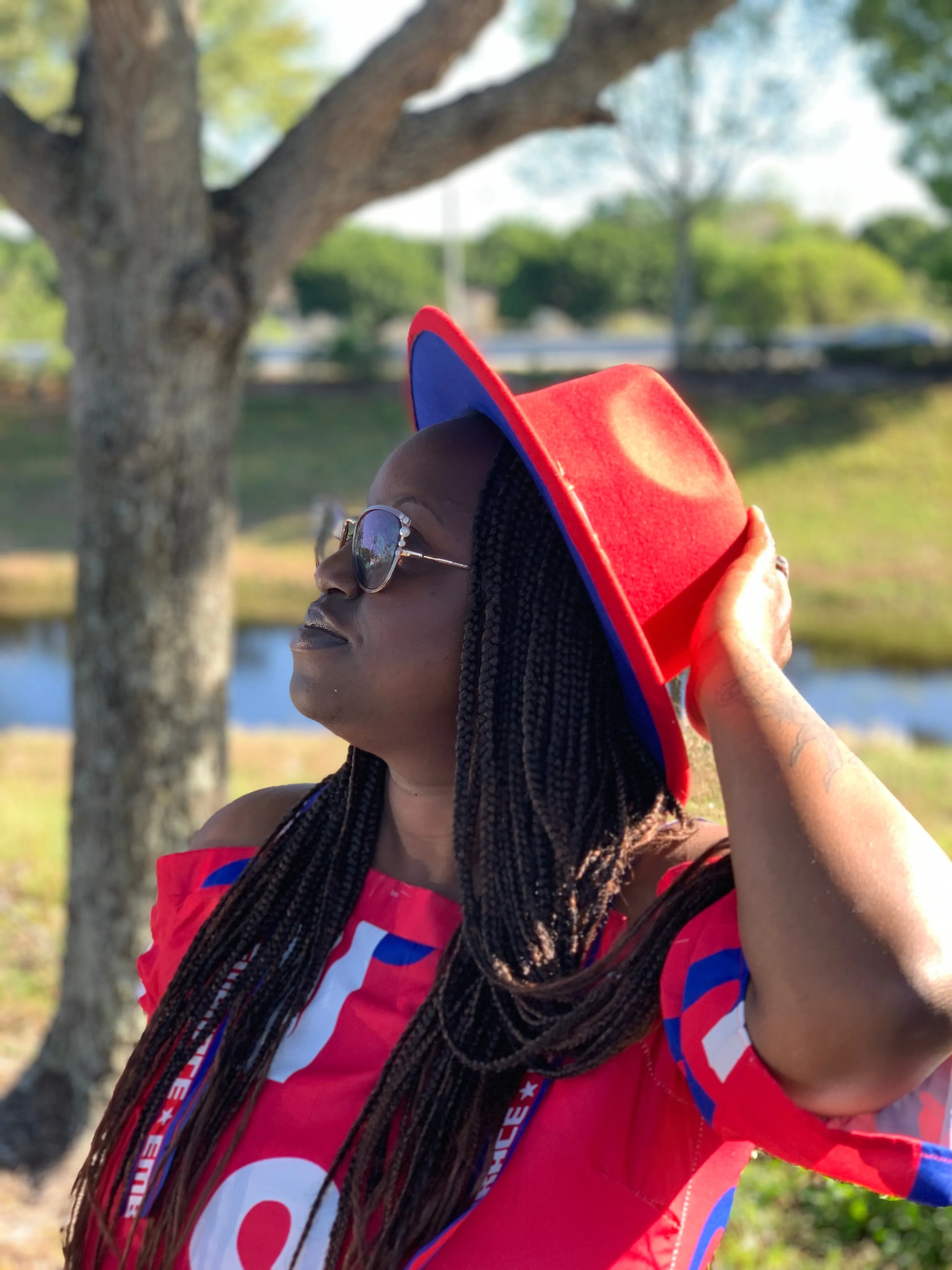 Red Fedora Hat with Blue Bottom