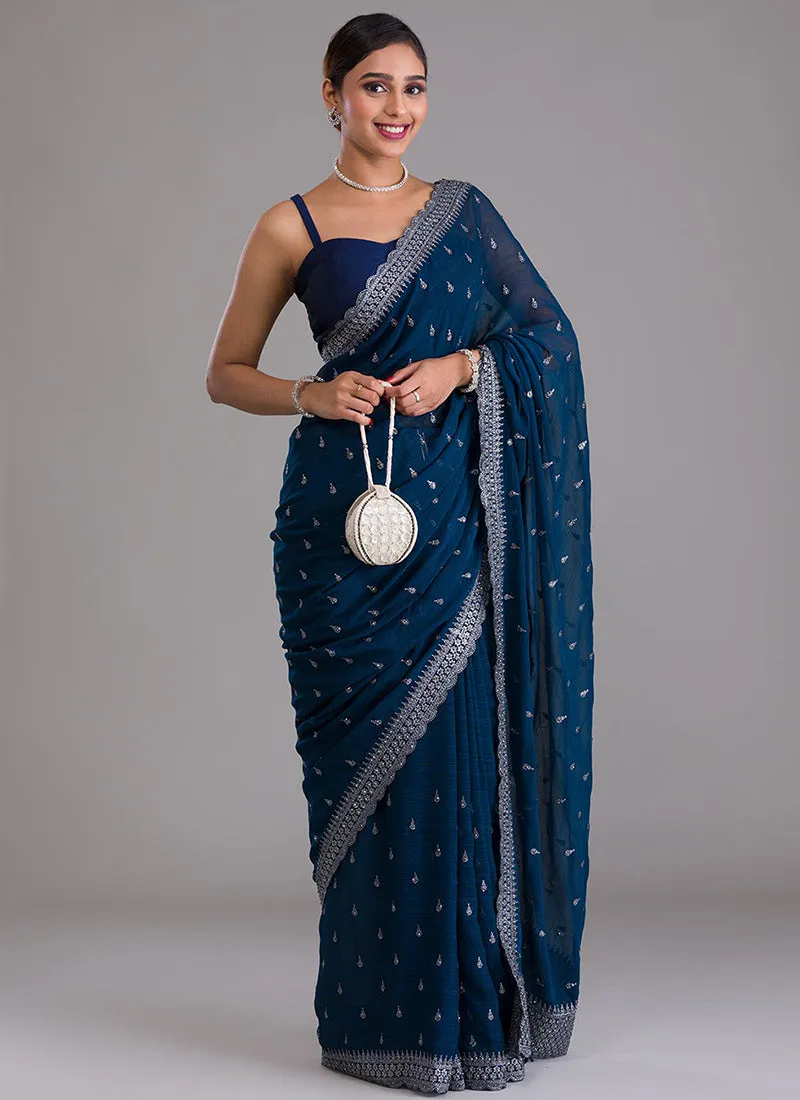 Royal Blue Sequence Embroidery Chiffon Saree