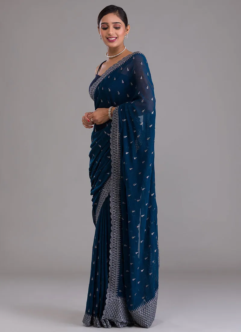 Royal Blue Sequence Embroidery Chiffon Saree