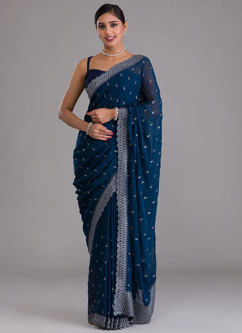 Royal Blue Sequence Embroidery Chiffon Saree