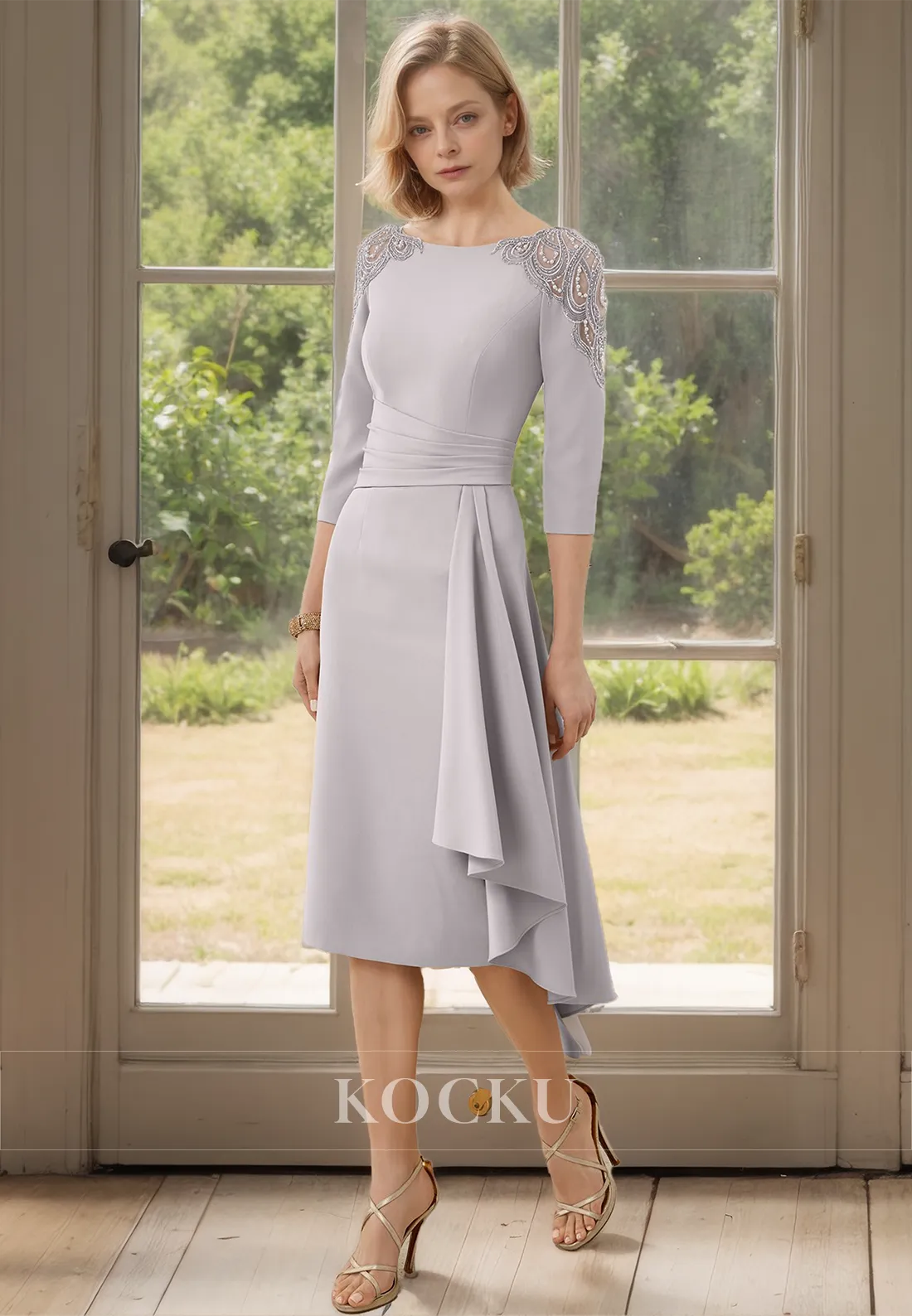 Scoop Neck Half Sleeves Sheath Beads Chiffon Cocktail Dress with Appliques Mother of Bride