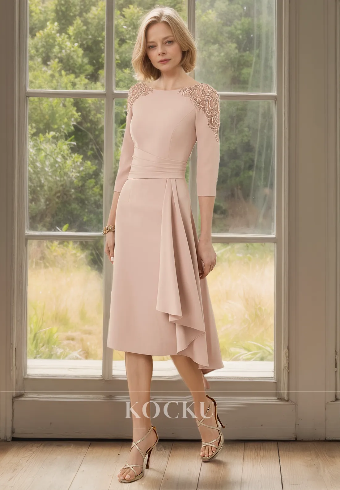 Scoop Neck Half Sleeves Sheath Beads Chiffon Cocktail Dress with Appliques Mother of Bride