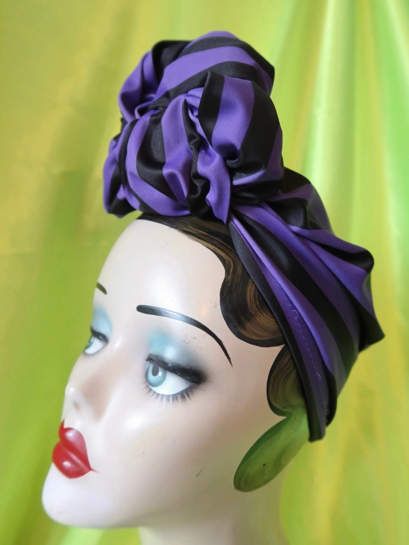 SLOUCHY KNOT Black & Purple (Full Coverage) 1940s Style Pre-tied Turban💚🖤💜