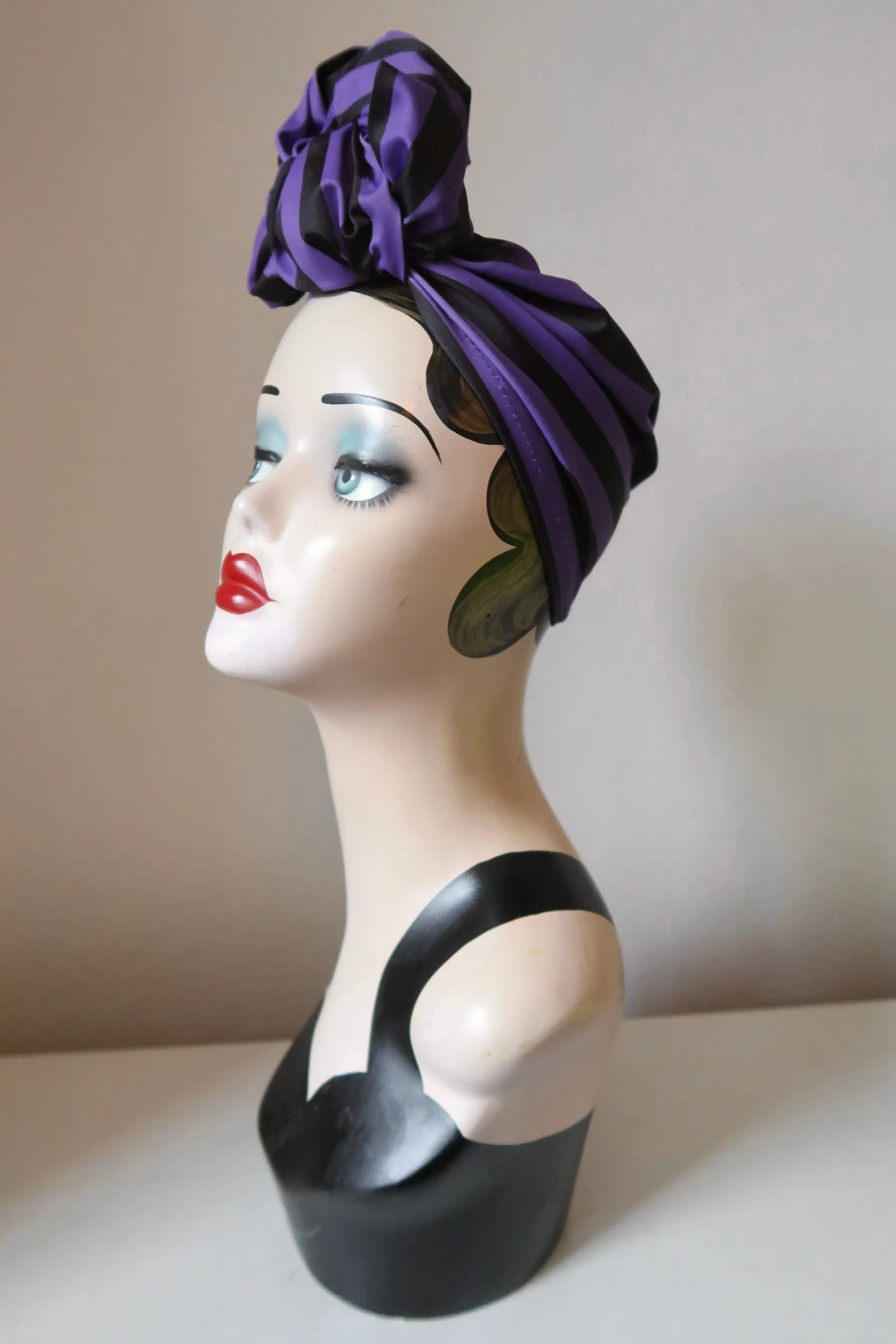 SLOUCHY KNOT Black & Purple (Full Coverage) 1940s Style Pre-tied Turban💚🖤💜