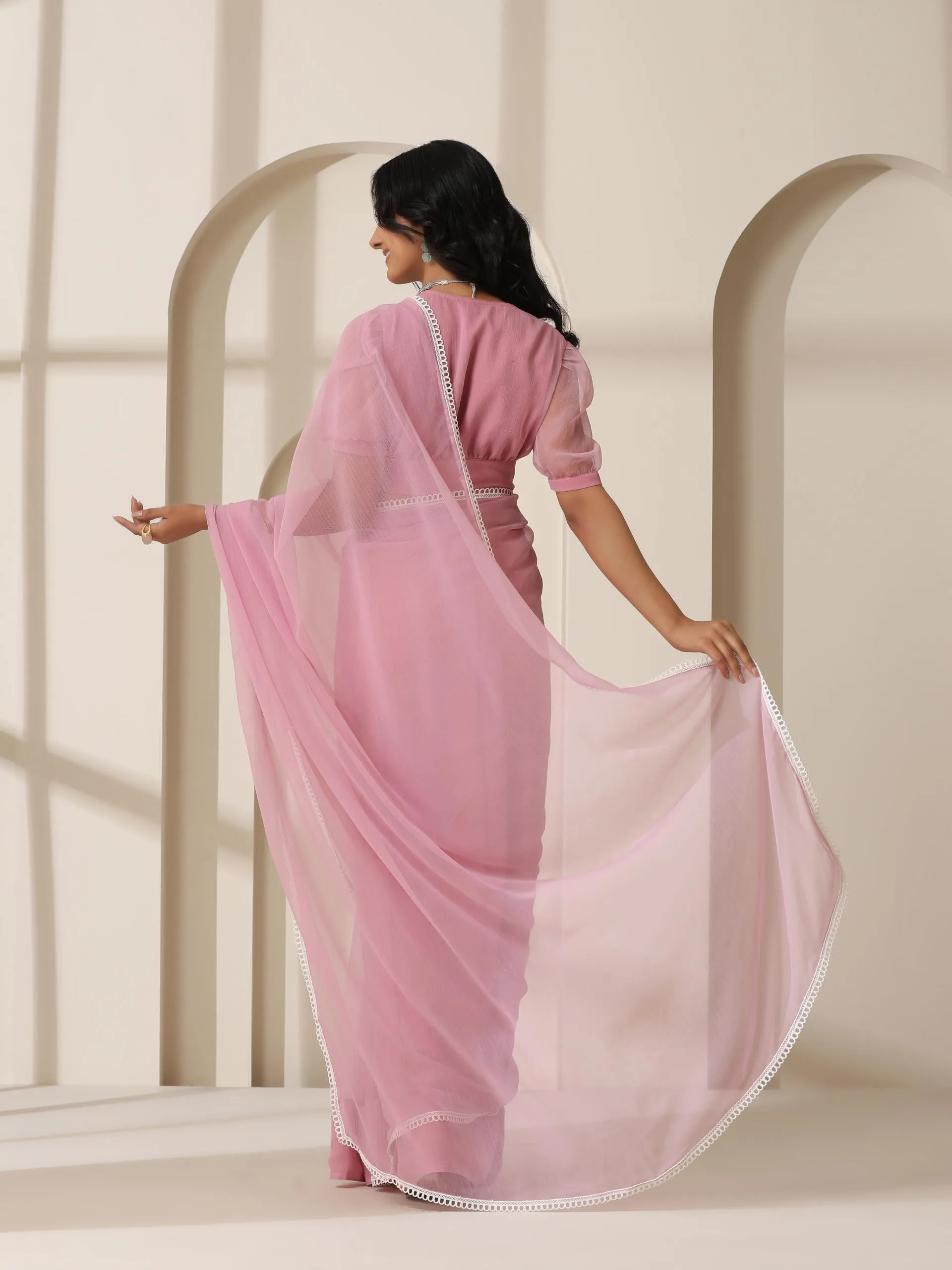 Smoky Pink Chiffon Saree with Lace and Self Fabric Blouse