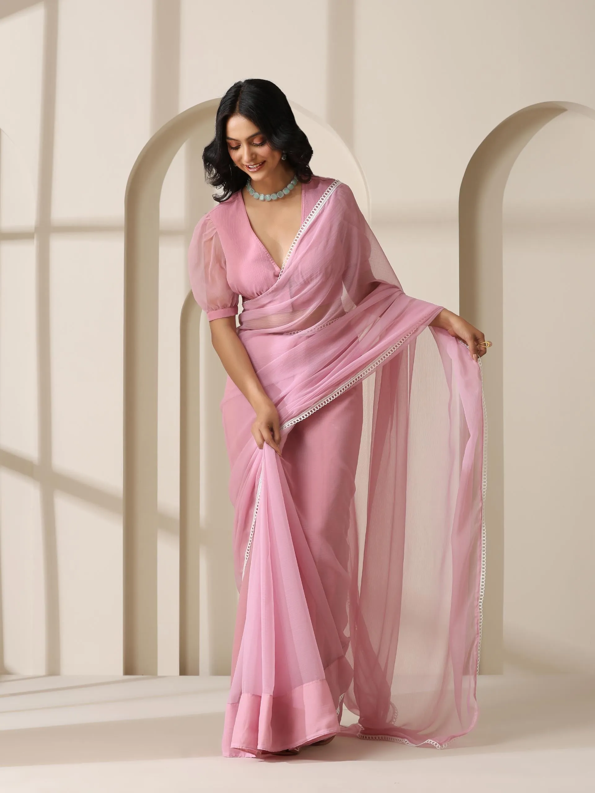 Smoky Pink Chiffon Saree with Lace and Self Fabric Blouse