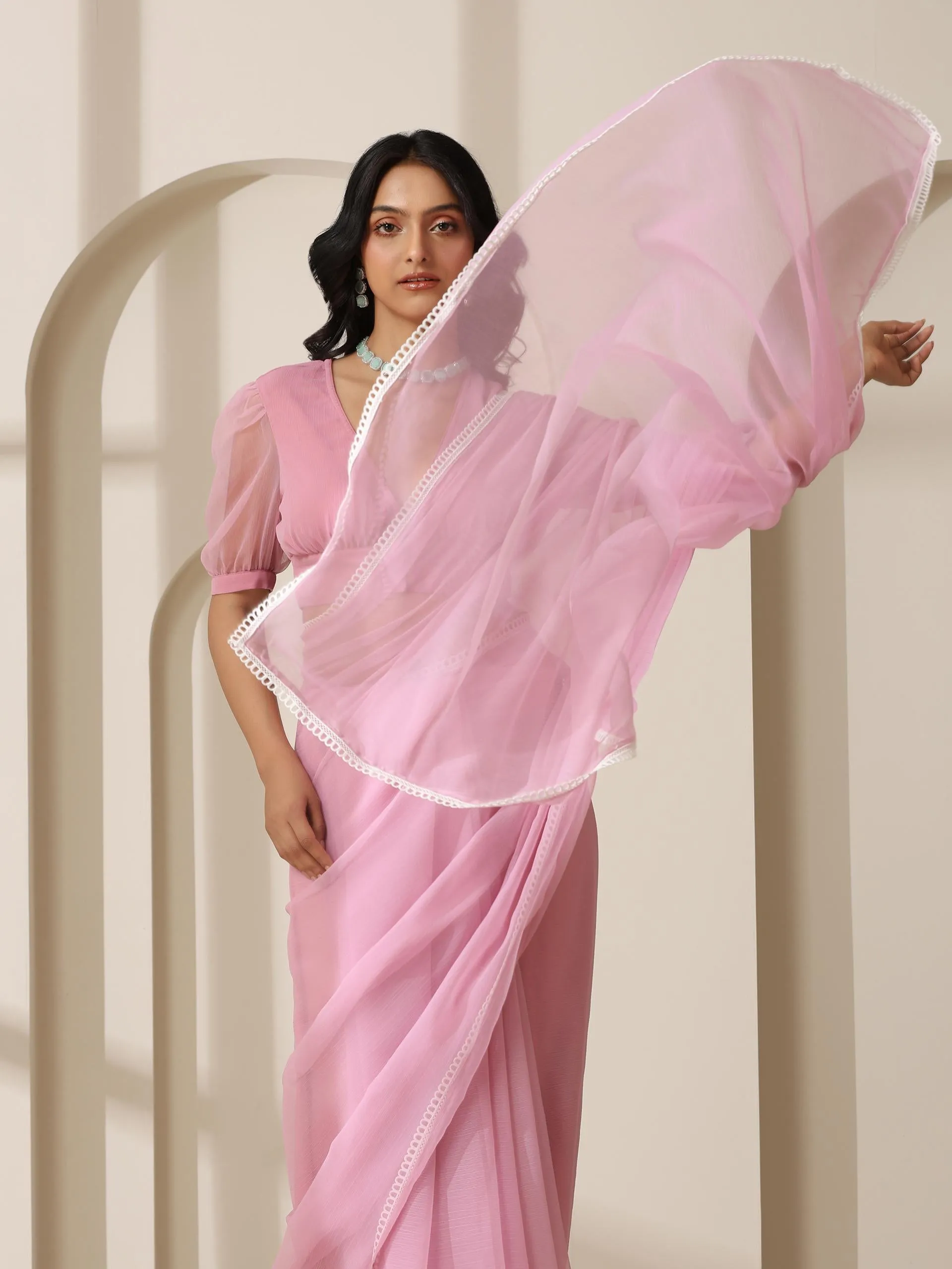 Smoky Pink Chiffon Saree with Lace and Self Fabric Blouse