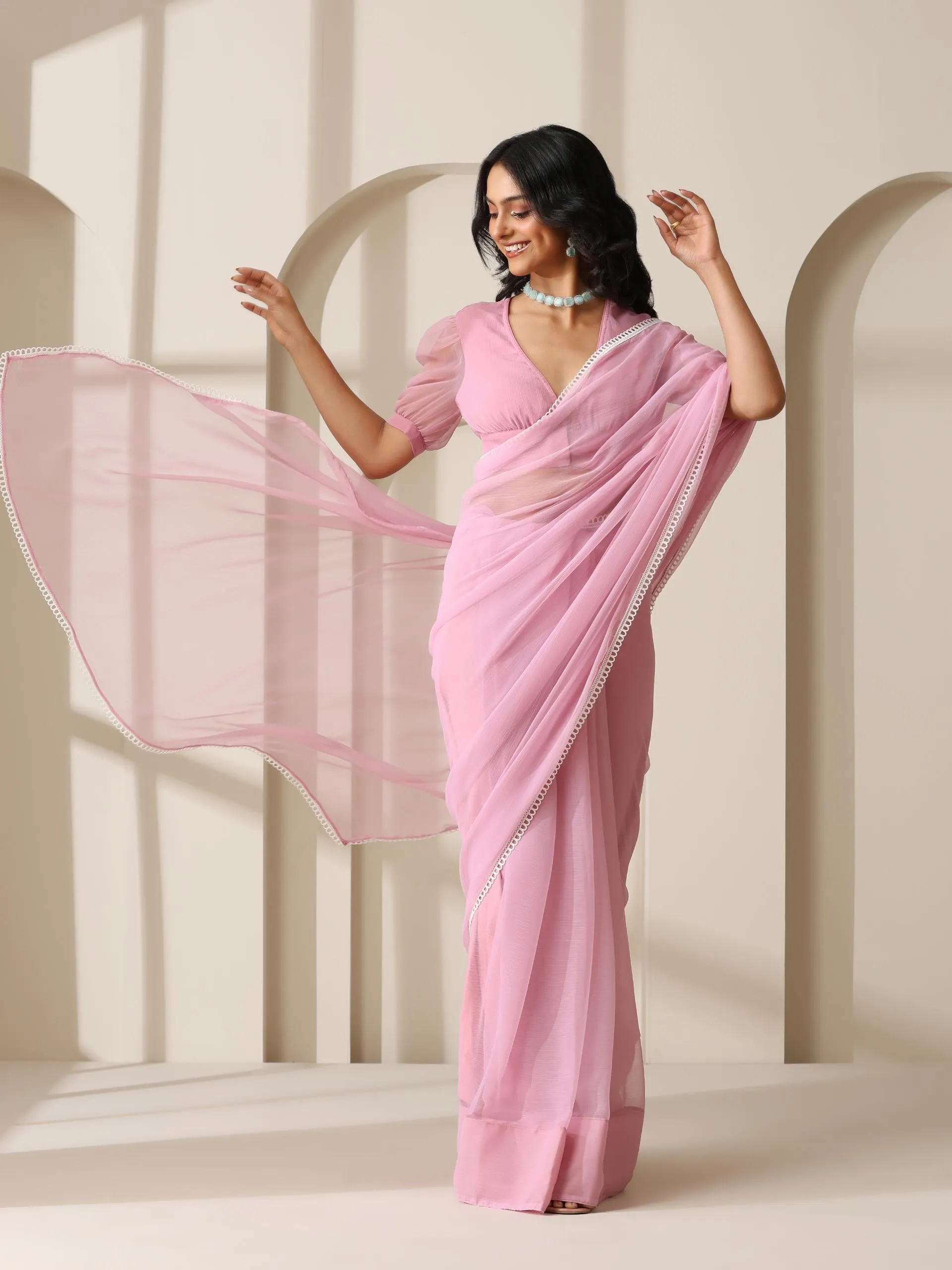 Smoky Pink Chiffon Saree with Lace and Self Fabric Blouse