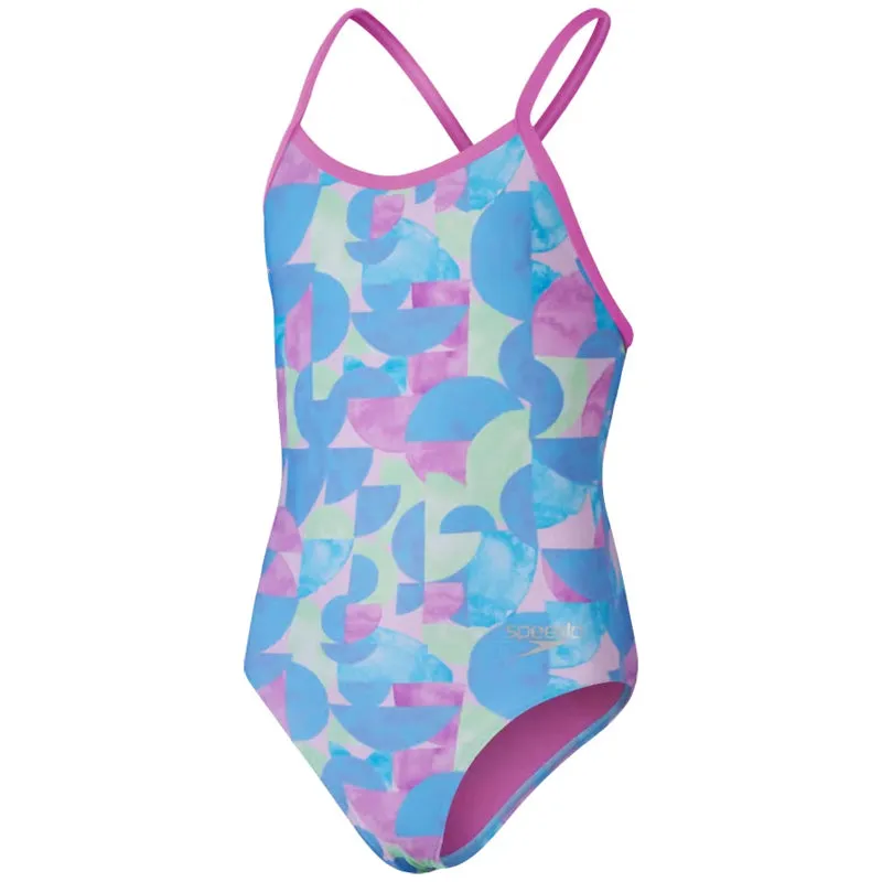 Speedo - Girls' Club Training Allover Digital Vback Swimsuit - Blue/Pink