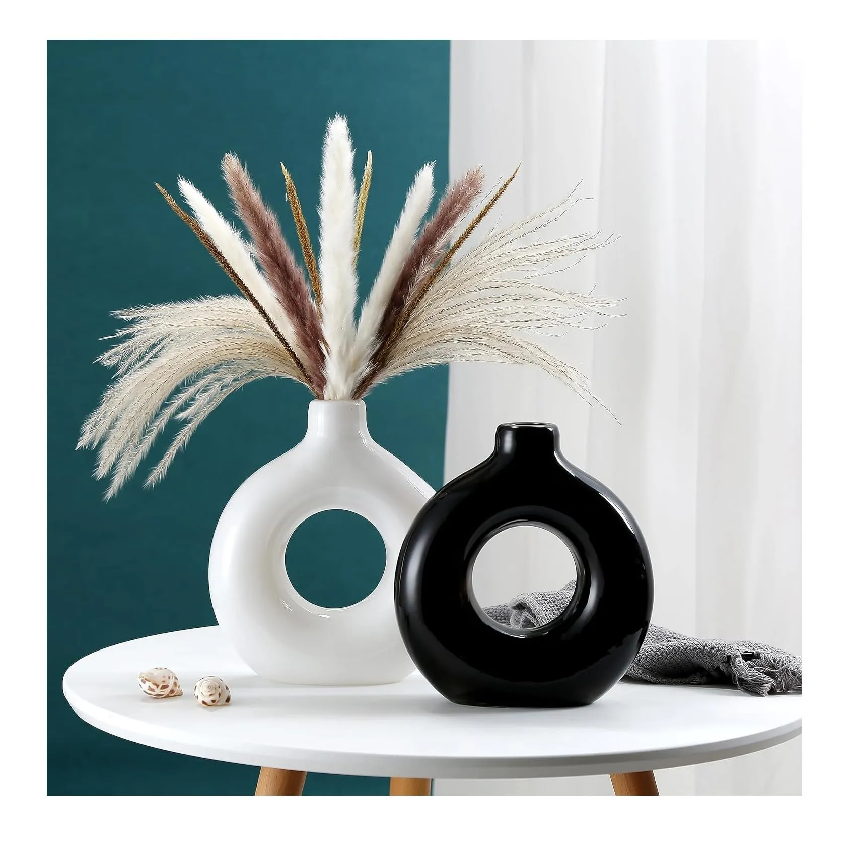 SPHINX Ceramic Donut Vase, Flower Vase Pampas Grass Vase, Vase Home Decor Centrepiece Decor for Home, Office, or Gifts-Vase Only - (1 White   1 Black (6.5 Inches))